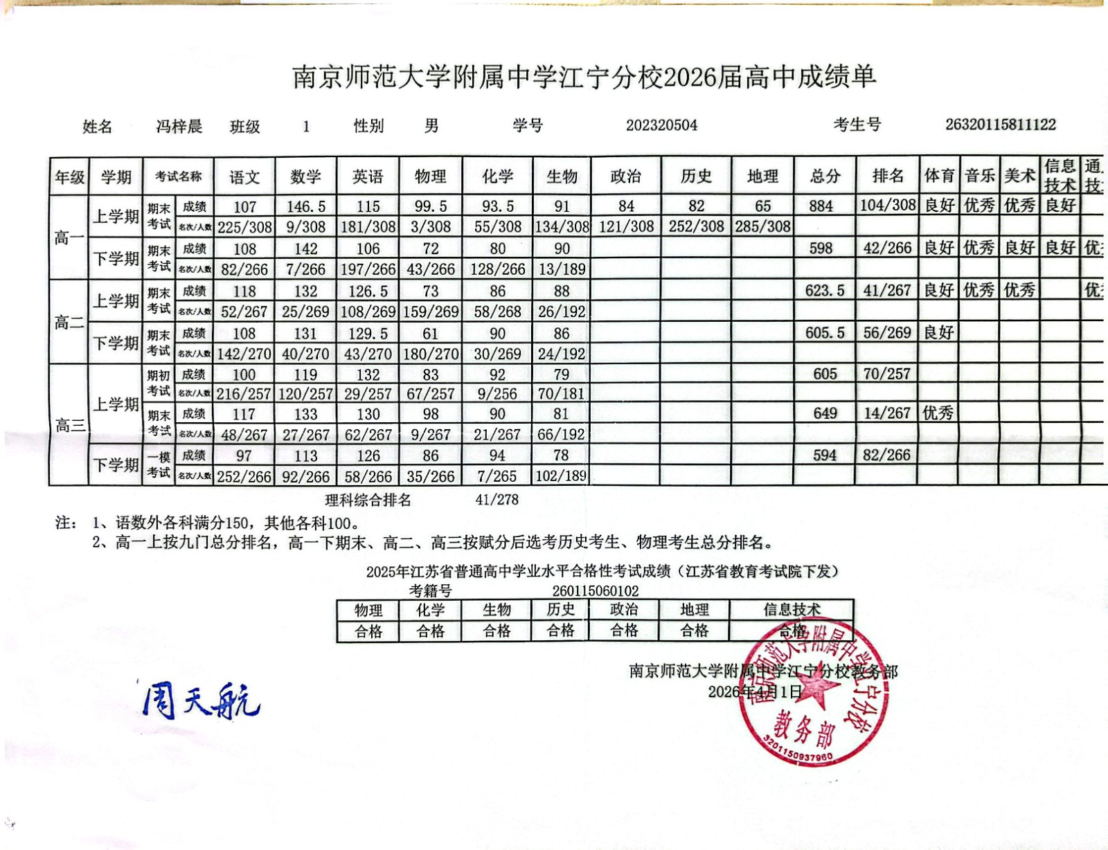 南京师范大学附属中学江宁分校2026届高中成绩单(1).jpg