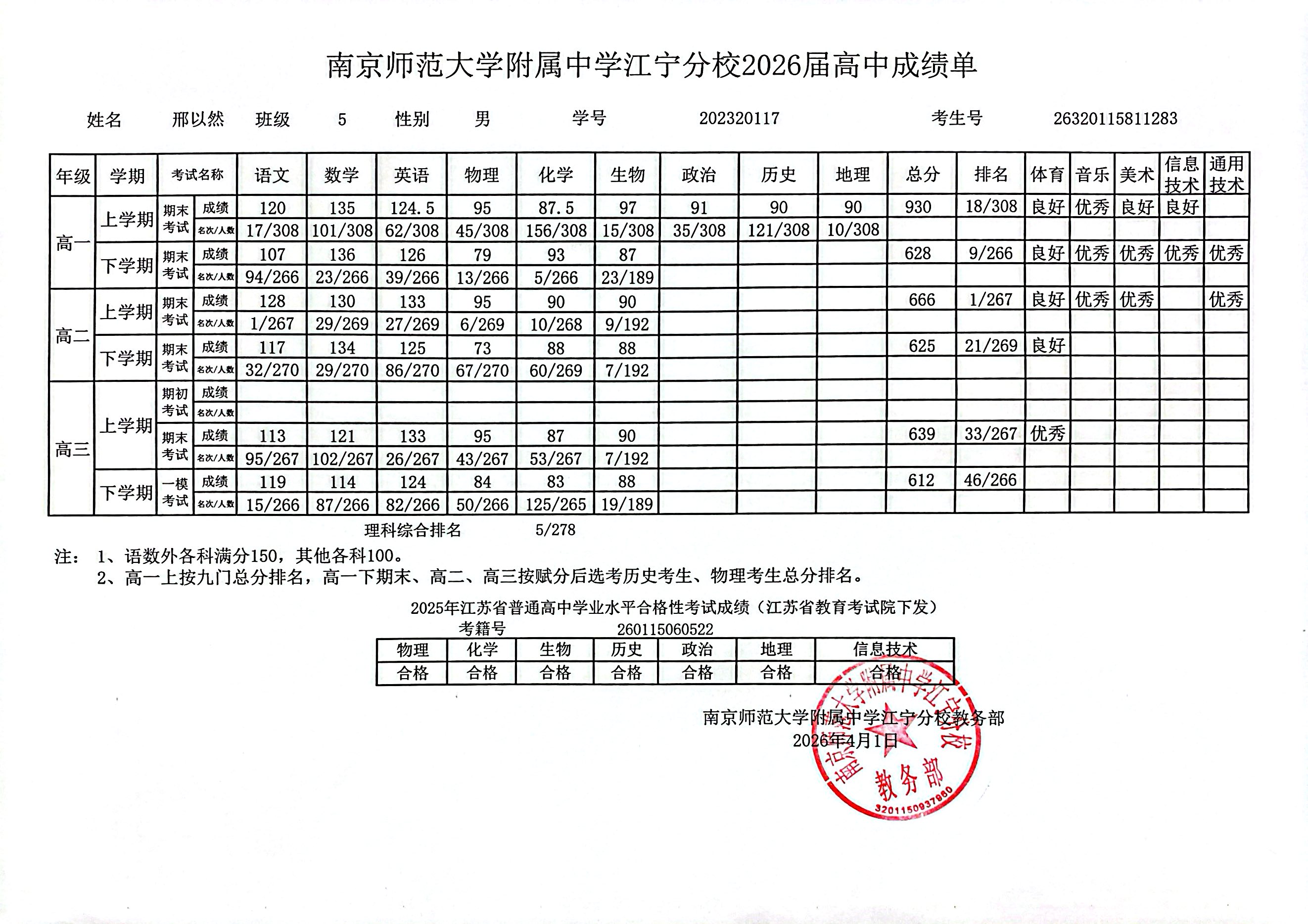 南京师范大学附属中学江宁分校2026届高中成绩单_1.JPG